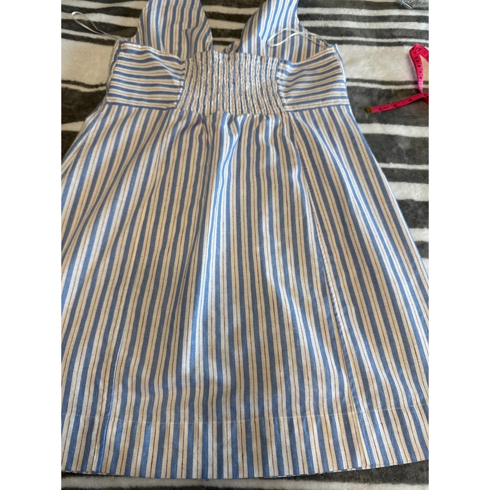 Blue Striped Linen Blend Tie Front Mini Dress Smocked Back Coastal Preppy Beach - Picture 7 of 11